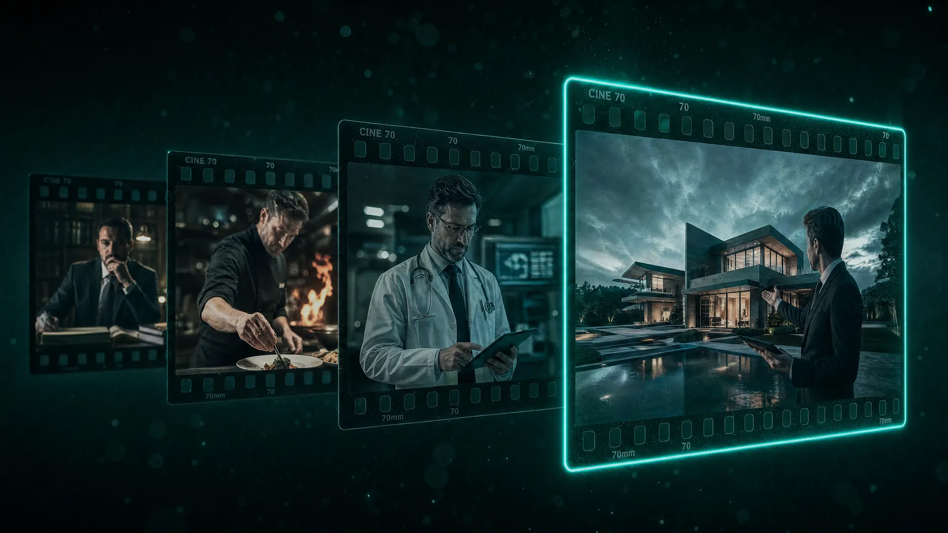 Frames de filme mostrando advogado, chef, médico e corretor — o método aplicado a cada nicho
