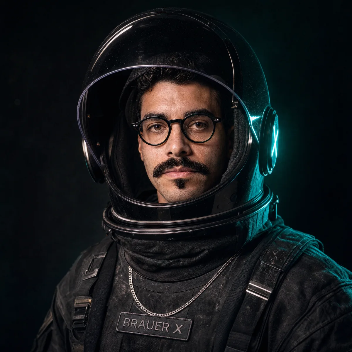 Yan vestindo o traje de astronauta do universo Brauer X